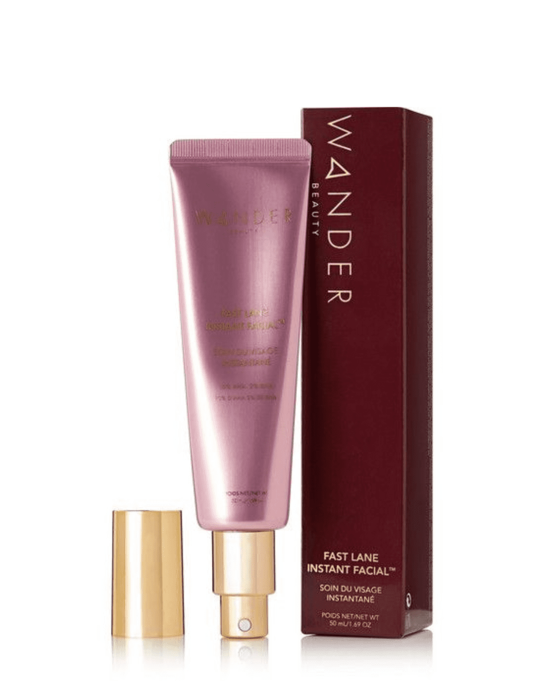 Wander Beauty’s Fast Lane Instant Facial with cap off, showing gold pump and packaging on white background; safe modern alternative to a raw egg face mask.