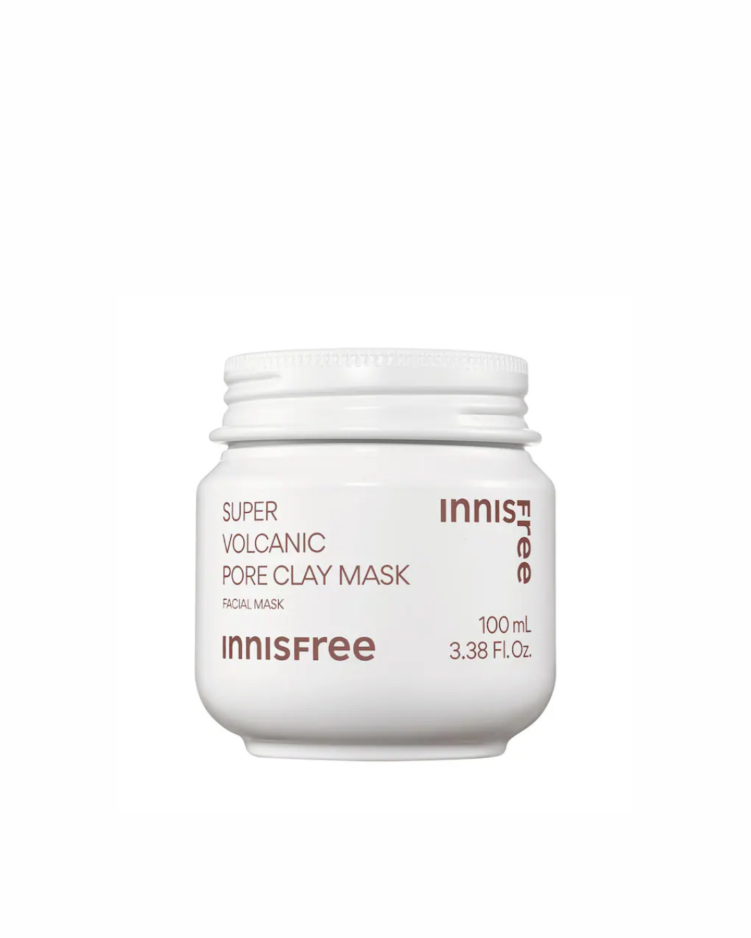 Innisfree Super Volcanic Pore Clay Mask jar on white background, perfect for deep-cleansing doll face skincare routines.