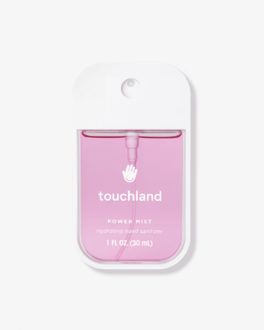 Touchland Berry Bliss Power Mist Hydrating Hand Sanitizer in a pink bottle, shown in a flat-lay position on an off-white background.
