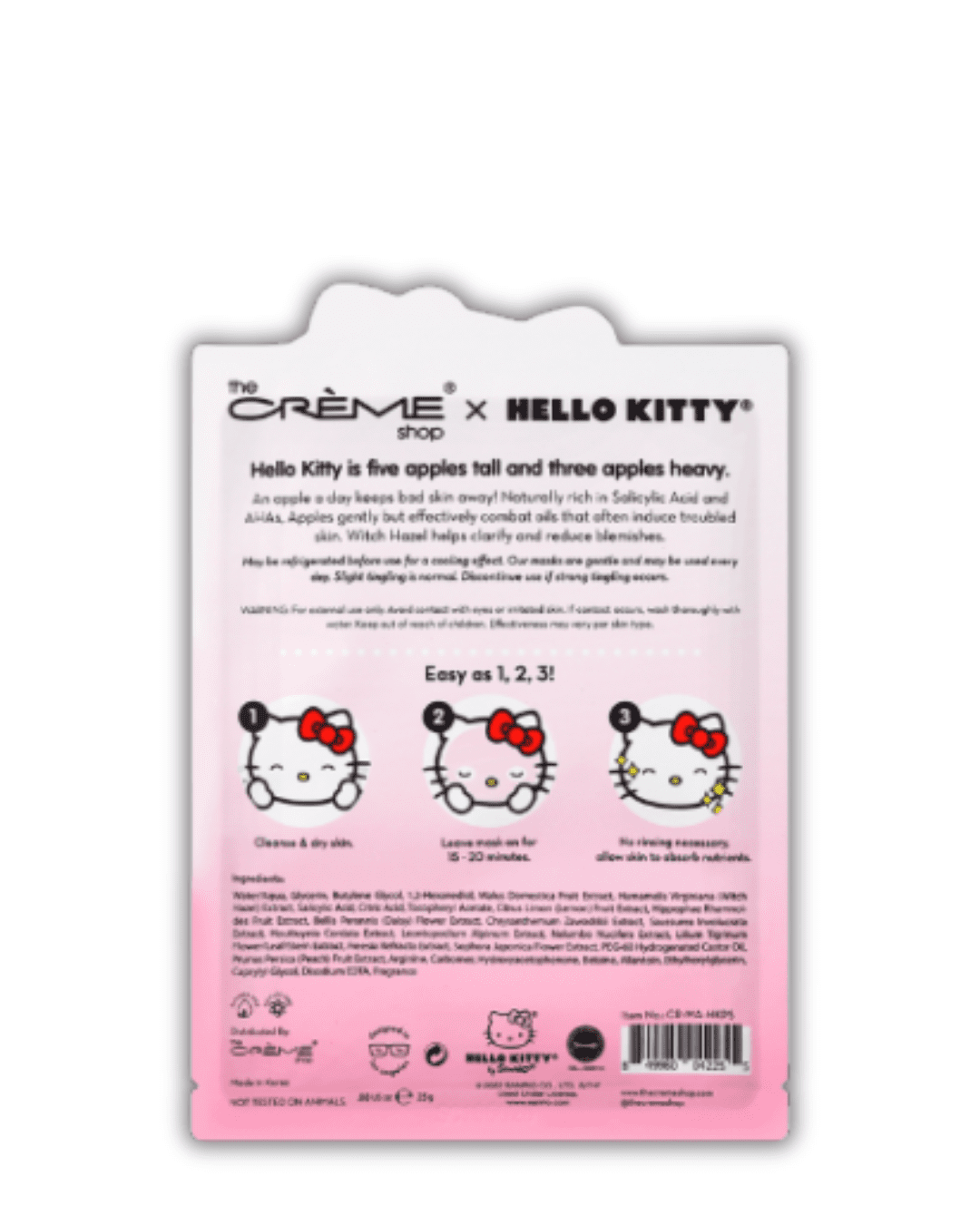Back of the Hello Kitty Problem Solver Sheet Mask packaging showing instructions on how to apply the mask, featuring Hello Kitty's face as a guide.