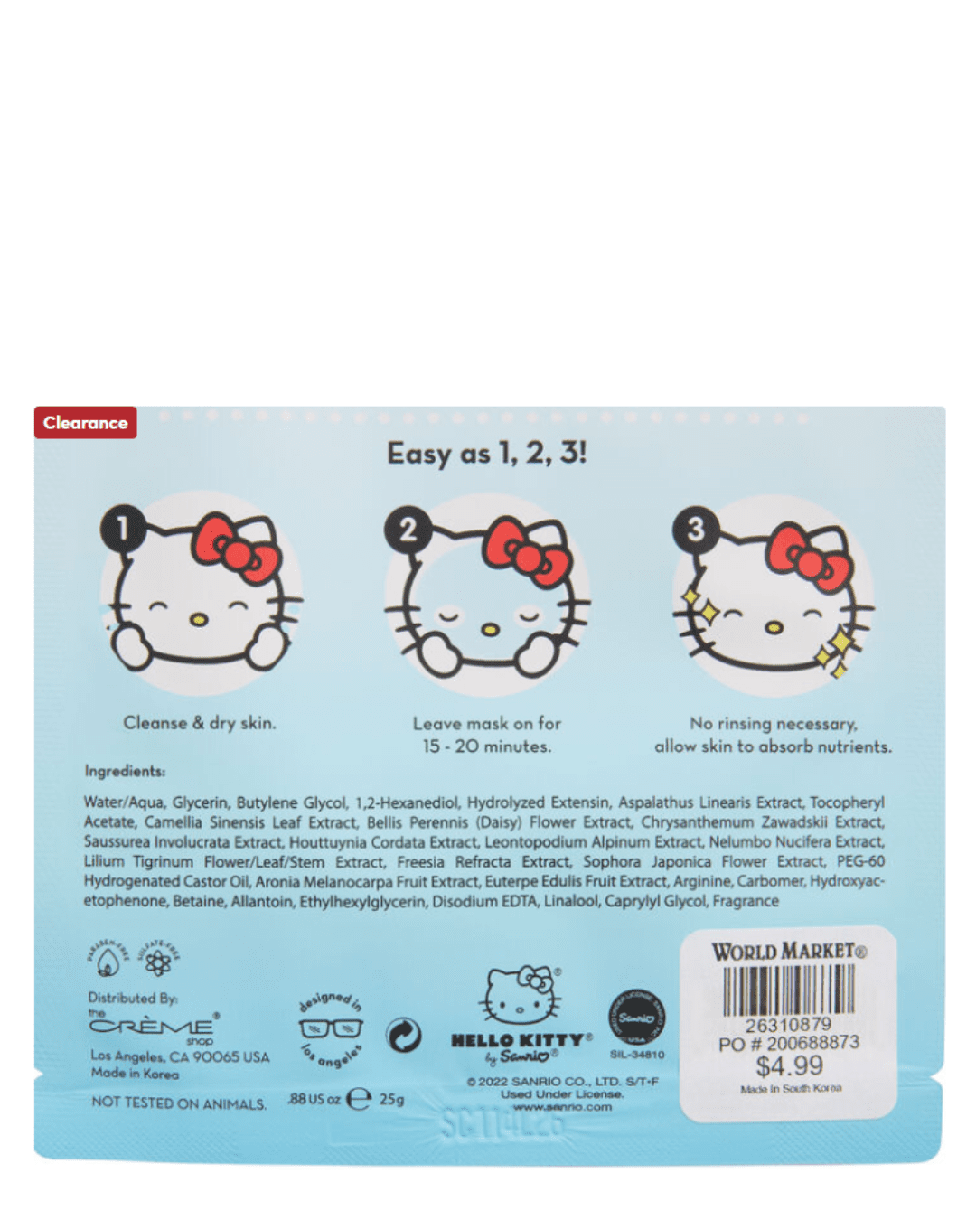 Back of the Hello Kitty Tea Time Sheet Mask packaging showing instructions on how to apply the mask, with Hello Kitty demonstrating each step.