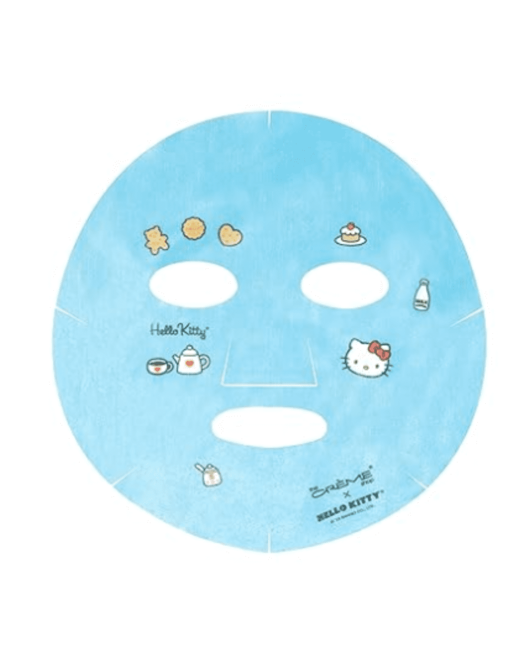 A blue Hello Kitty Tea Time Sheet Mask spread out featuring a cupcake, a milk bottle, cookies shaped like a bear, circle and a heart, a cup of tea and kettle with a heart on both of them, and a sugar container.