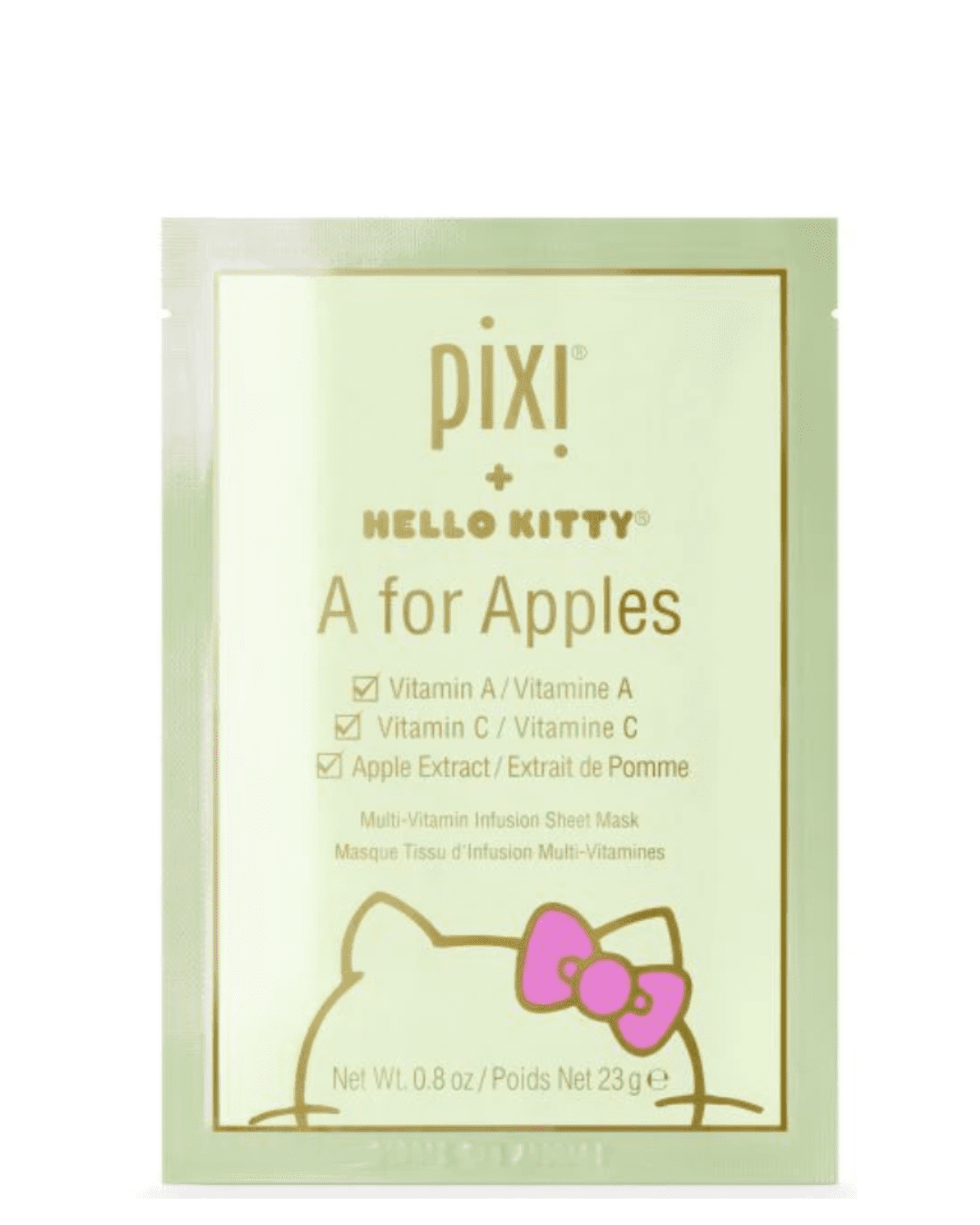 Pixi + Hello "Kitty A For Apples" sheet mask packaging on a white background, listing ingredients and showing half of Hello Kitty's head peeking from the bottom.