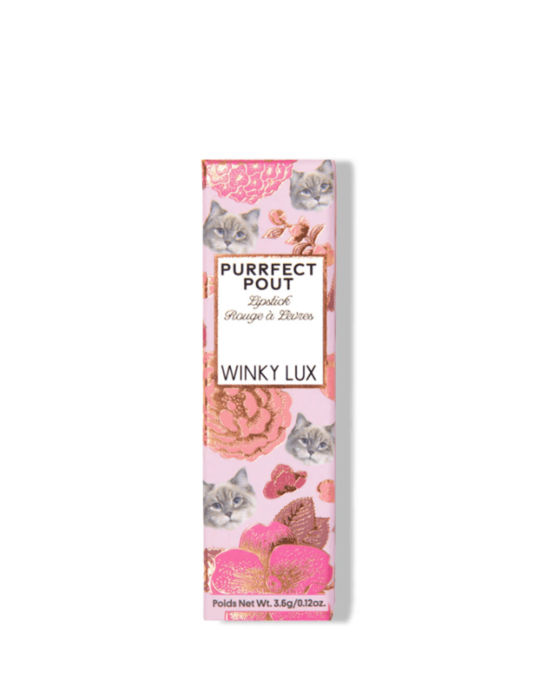 Flat lay of Winky Lux Purrfect Pout Lipstick packaging with pink flowers and gray kittens on a pink box, highlighting the playful beauty design.