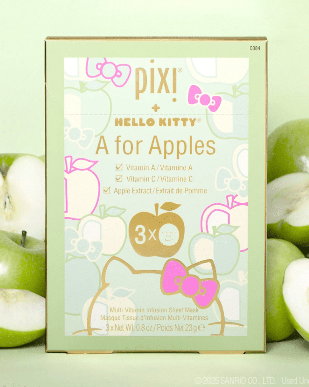 Pixi + Hello "Kitty A For Apples" sheet mask packaging showing the sheet mask packaging and that there are 3 sheet masks inside, decorated with apple illustrations.