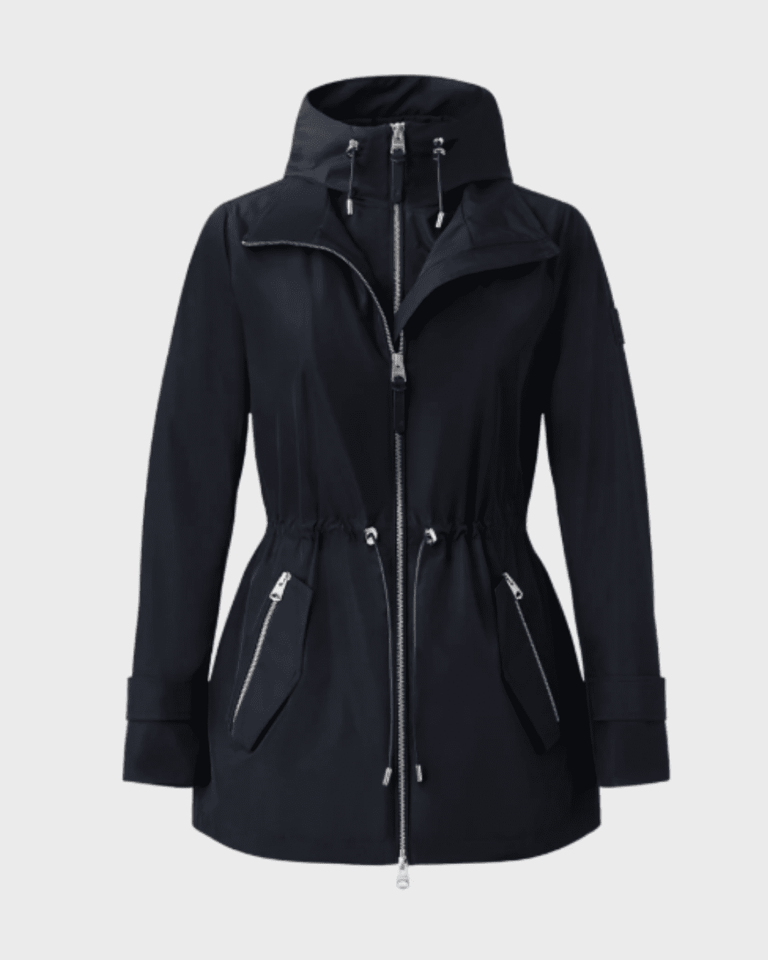 Mackage Melany Hooded Raincoat in black, displayed alone, waterproof design with zip-up hood and sleek silhouette.