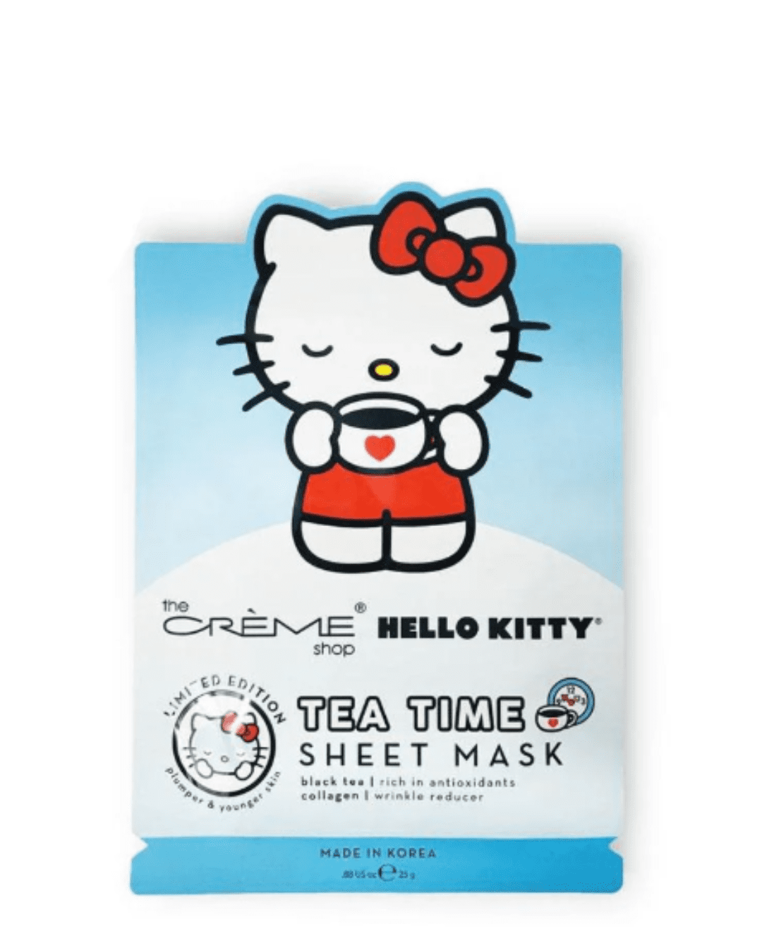 Hello Kitty enjoying tea on the Tea Time Sheet Mask packaging, showcasing the cute and cozy theme of the mask.