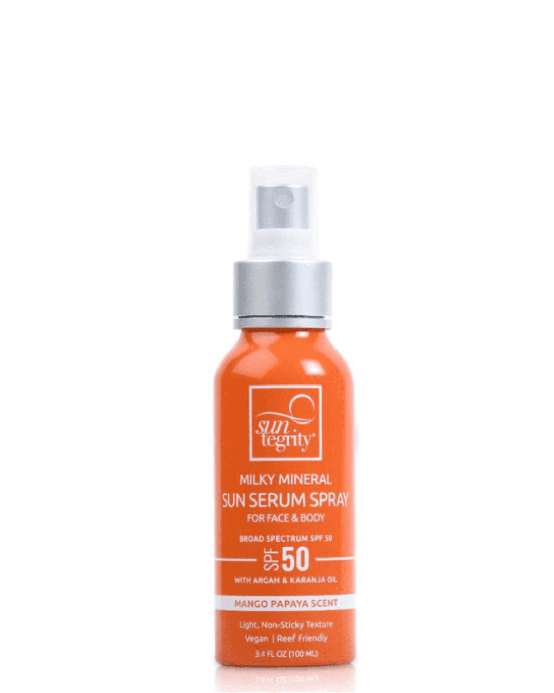 With Suntegrity Milky Mineral Sun Serum Spray Broad Spectrum SPF 50 bottle standing upright on a plain white background.