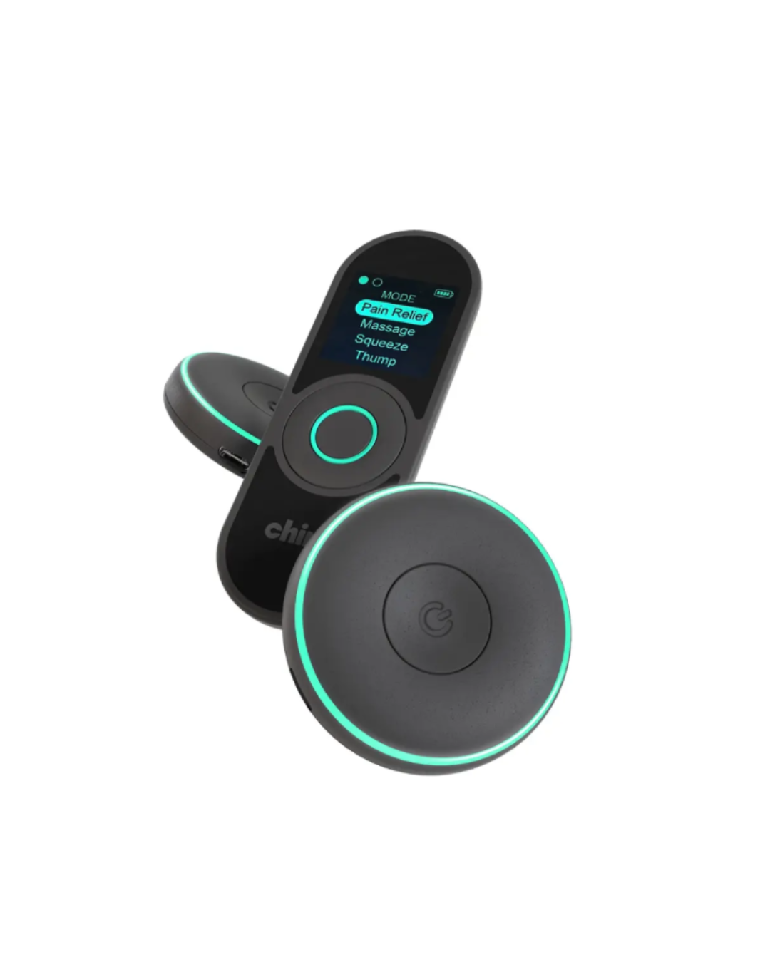 Chirp Halo Double muscle stimulator device with teal=lit remote screen showing massage modes like pain relief, squeeze, and thump, designed for targeted self-care practice and muscle recovery.