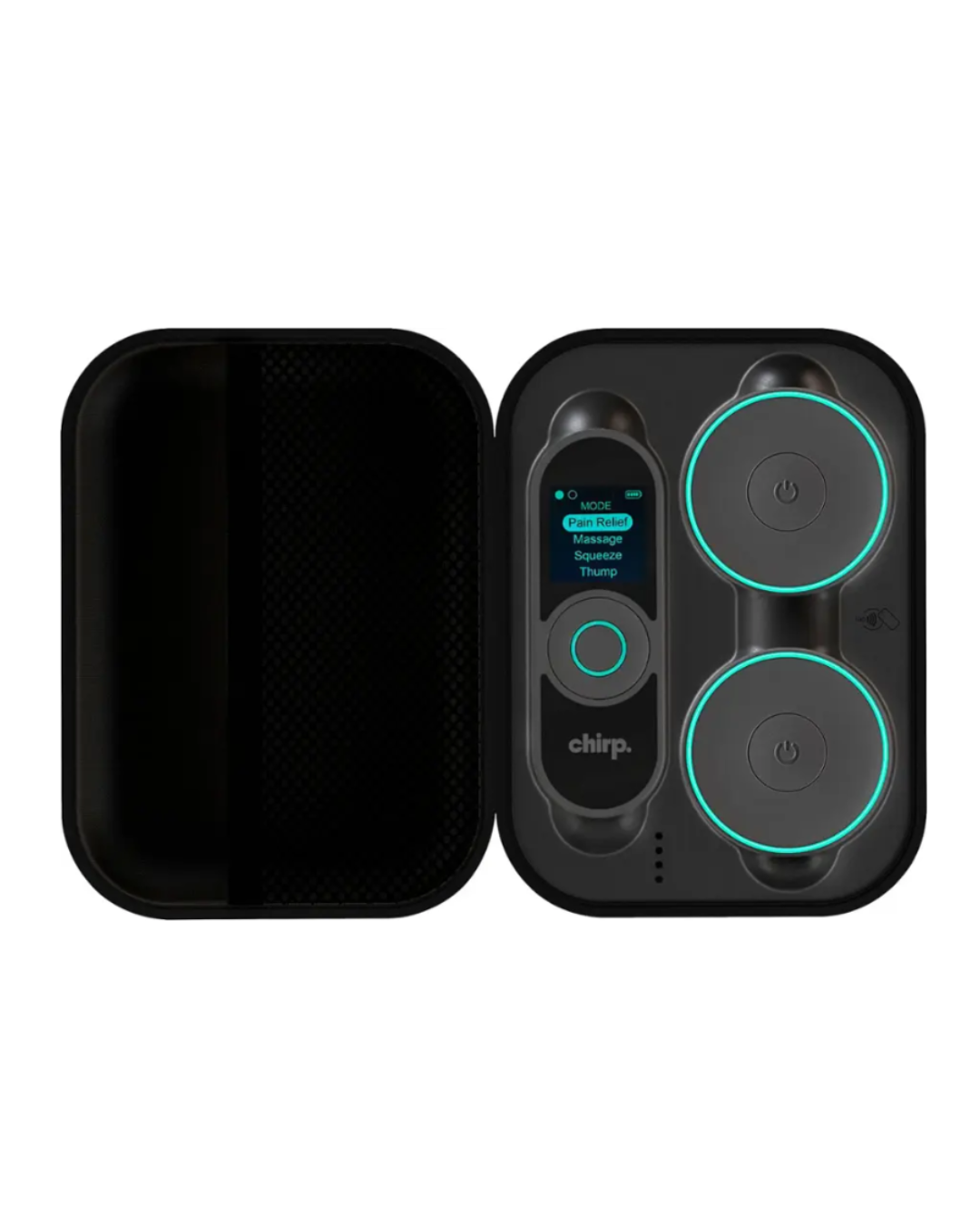 Chirp Halo Duoble muscle stimulator and remote neatly stored inside its black carrying case, a compact wellness tool for easy self-love practice and pain relief.