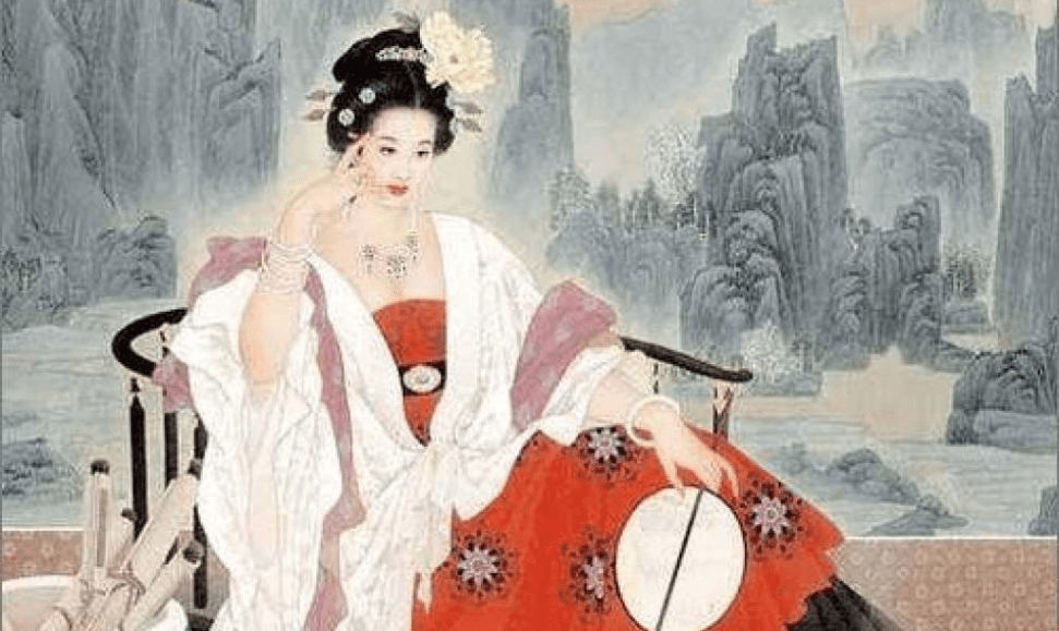 Tang Dynasty portrait of Empress Wu Zetian (624-705 CE), the only female emperor in Chinese history, seated in a large wooden chair wearing a red floral dress with a black belt, a white shawl with a pink scarf over it, white bangles, and flowers in her hair. She holds a circular fan, wears red lipstick, and a white necklace matching her bangles. In the background is a natural landscape with waterfalls. Scrolls in a pottery container sit to her left. Empress Wu Zetian is historically noted for her fruit-based skincare practices.