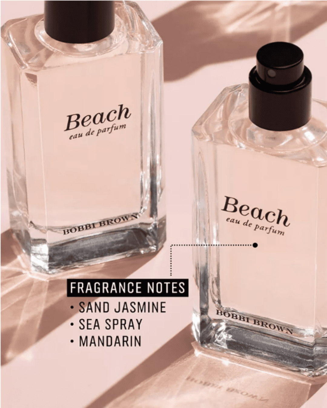 Two Beach by Bobbi Brown perfume bottles with pink background highlighting fragrance notes-fruity floral beach perfumes.