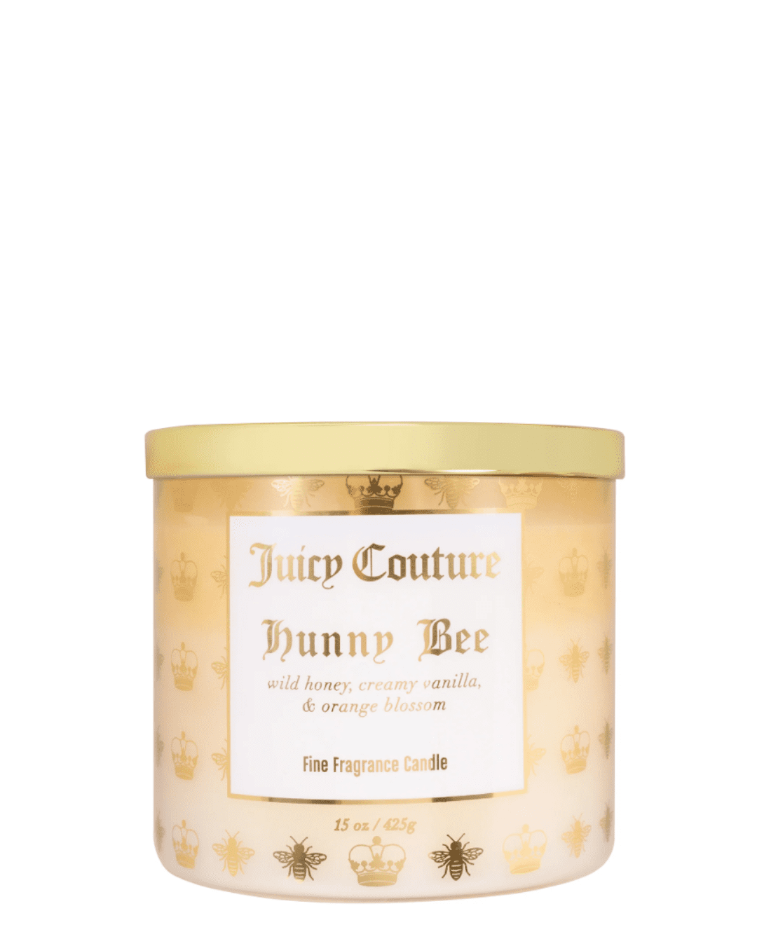 Juicy Couture Honey Bee fine Fragrance candle on a white background, featuring a gold lid and a yellow label decorated with tiny bees and crowns.