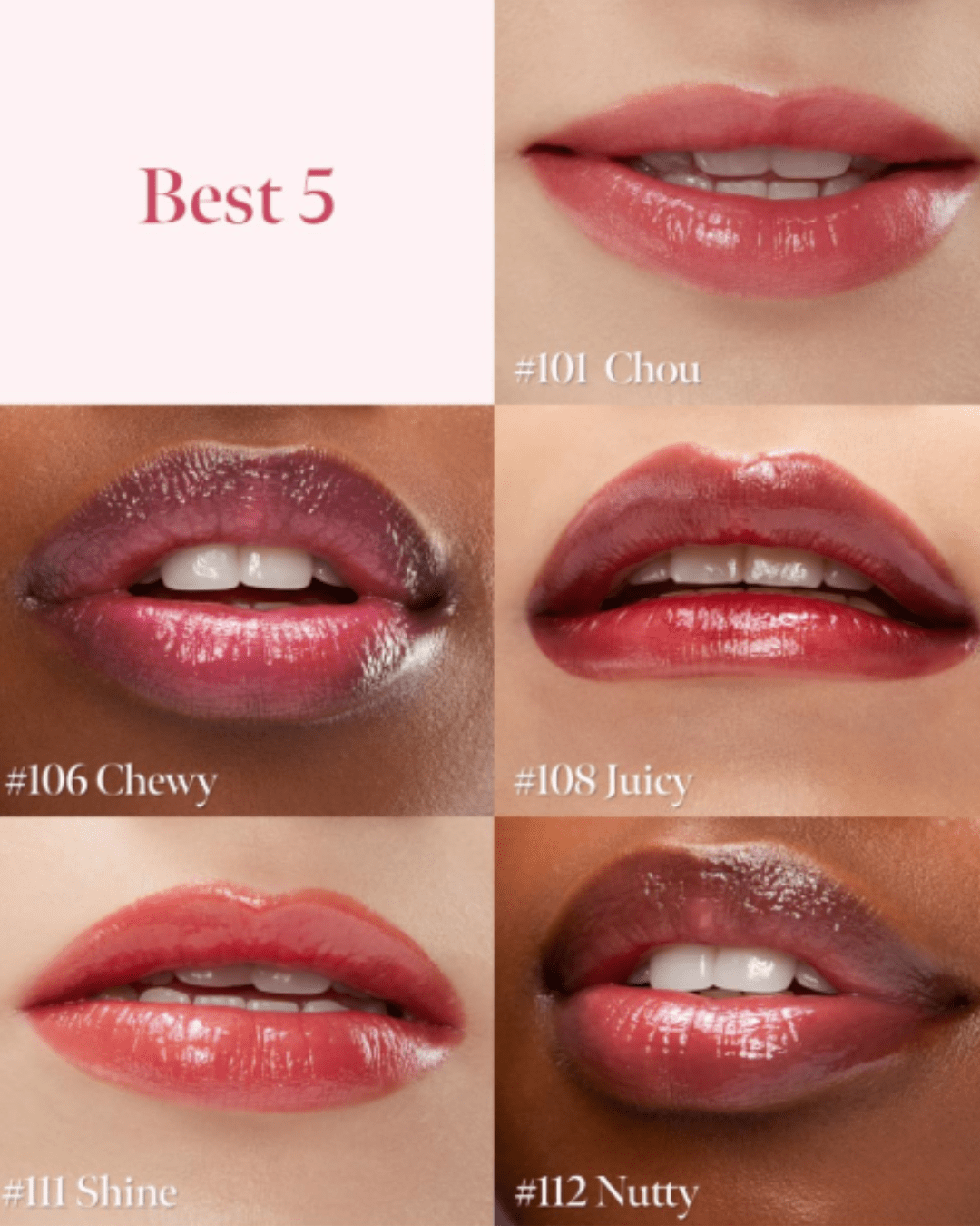 Coral Haze Lip Tint Best 5 collection featuring shades #101 CHOU, #106 Chewy, #108 Juicy, #111 Shine, and #112 Nutty shown on lip swatches and styled packaging. A beauty essential for building a radiant self-love practice.