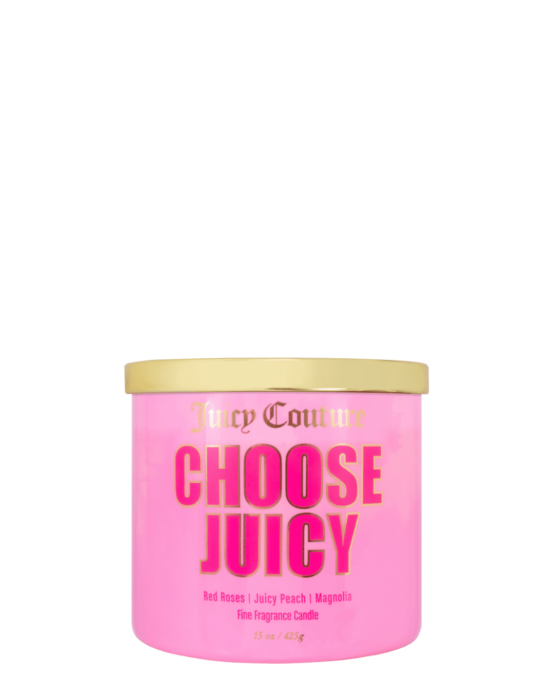 Choose Juicy Juicy Couture candle displayed on a white background, featuring a pink candle jar with a gold lid and gold Juicy Couture logo, with bold pink Choose Juicy lettering and a fragrance description of red roses, juicy peach, and magnolia flowers.