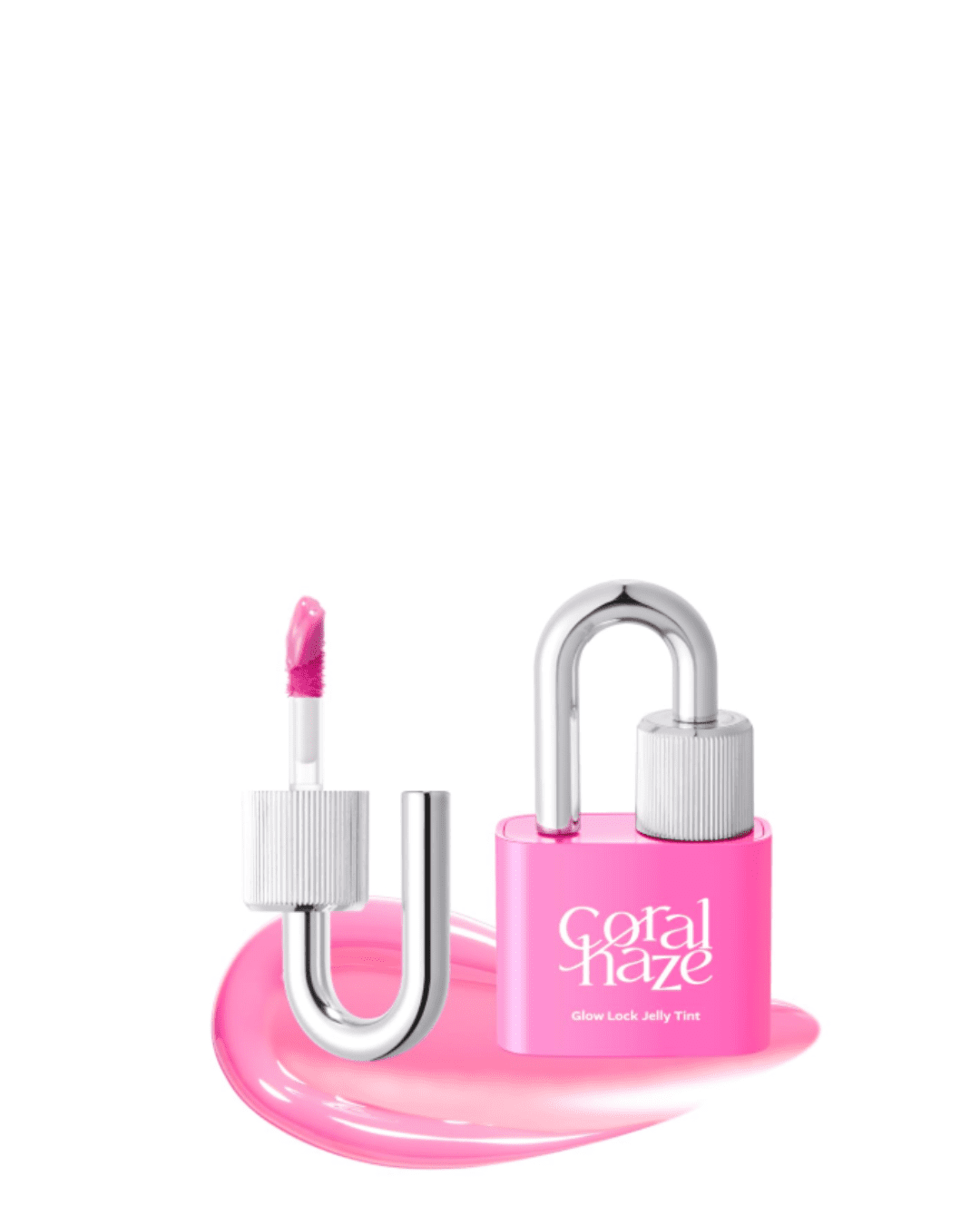 Coral Haze Glow Lock Jelly Tint in shade 106 Chewy: the lock-shaped pink base sits behind the removed twist-off top (which houses the doe-foot applicator), with a swatch behind showing the glossy texture-an everyday beauty object for a portable self-love practice.