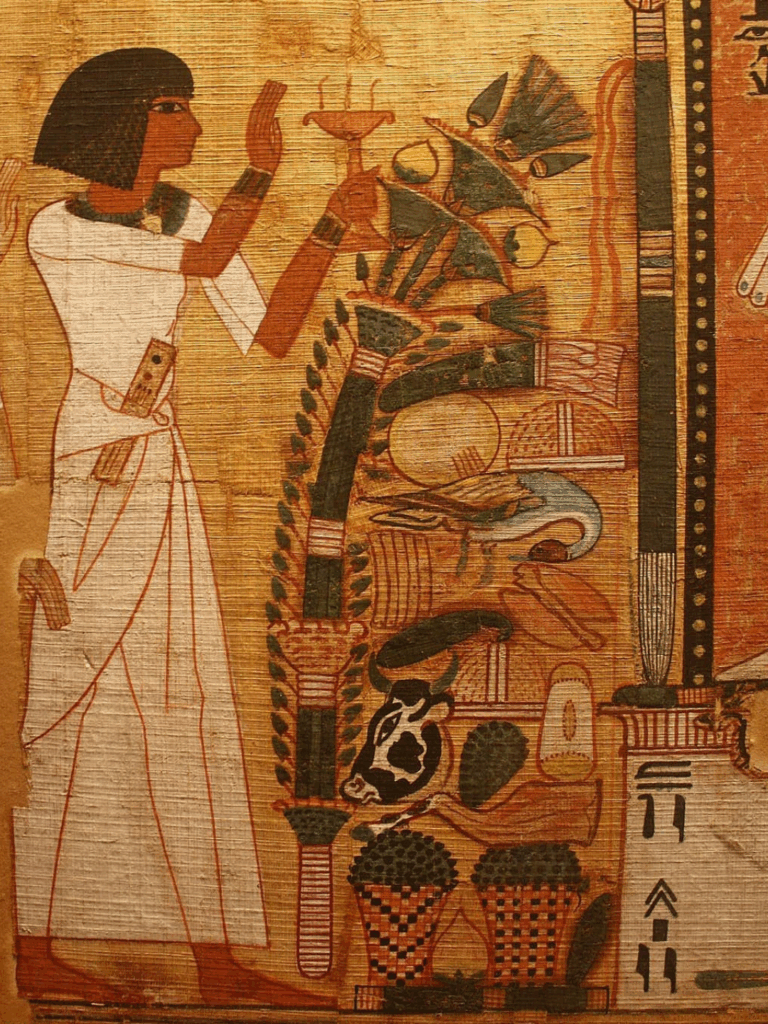 Ritual scene with beeswax candle from the Book of the Dead (New Kingdom, ca. 1550–1070 BCE).