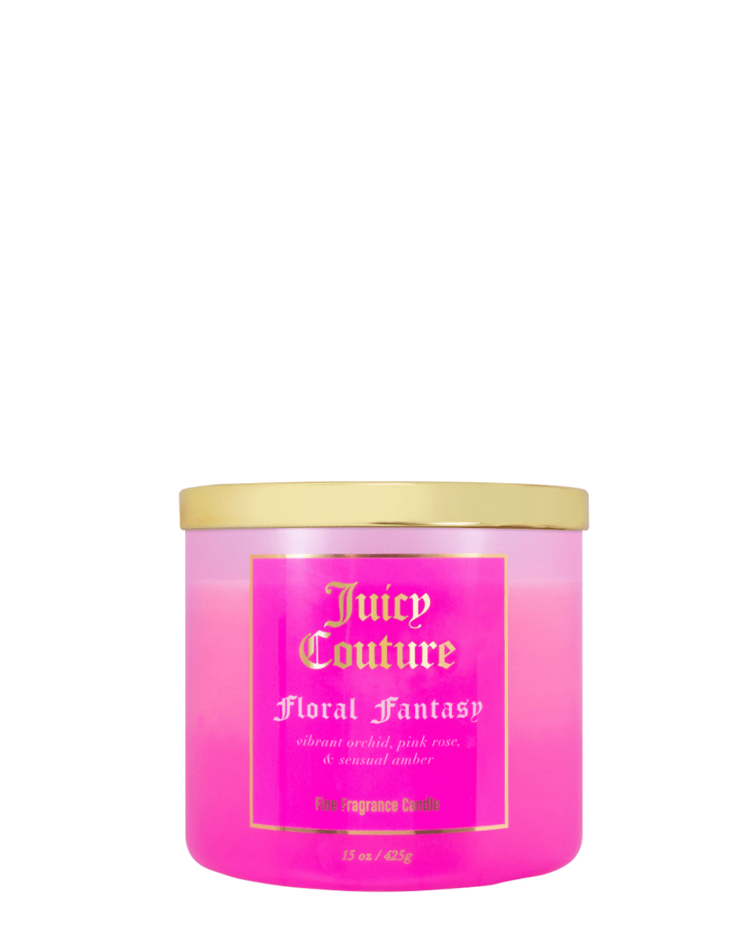 Juicy Couture Floral Fantasy candle with pink jar, gold lid, and gold logo, featuring notes of vibrant orchid, pink petals, and sensual amber, photographed against a clean white background.