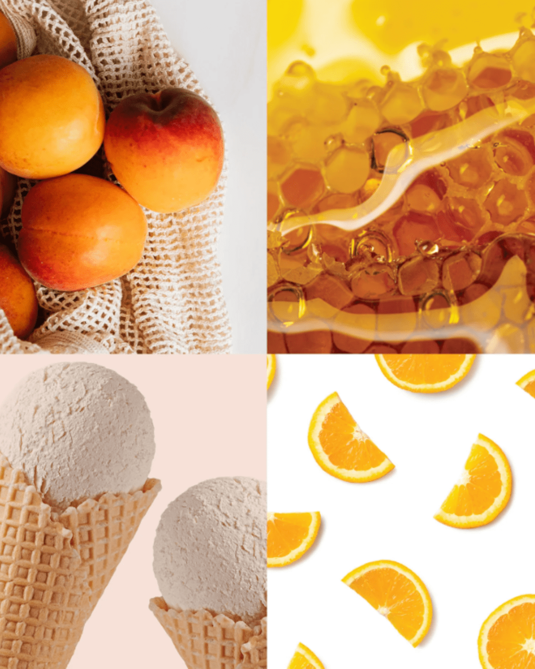 Four-image collage showing the fragrance notes of the Juicy Couture Honey Bee candle: a soft citrus or blossom image on white netted fabric, a honeycomb covered in honey, sliced oranges on a white background, and two vanilla ice cream cones against a light pink backdrop.