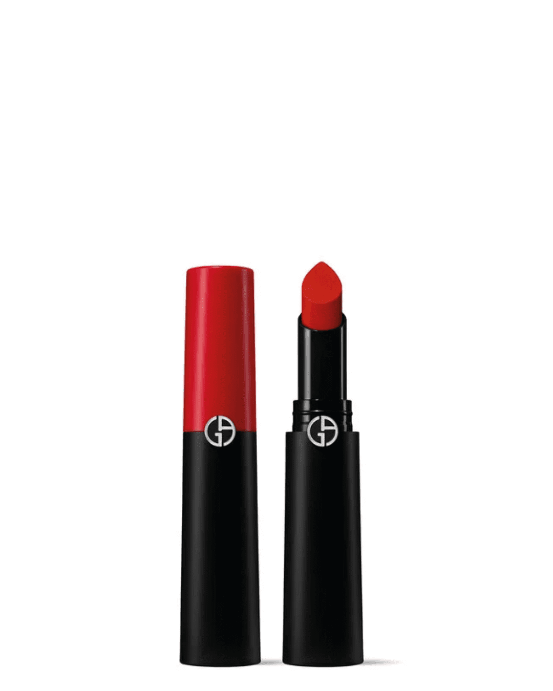 Giorgio Armani Lip Power Long-Lasting Matte Lipstick in shade 405-Power, capped and uncapped on white flat surface.