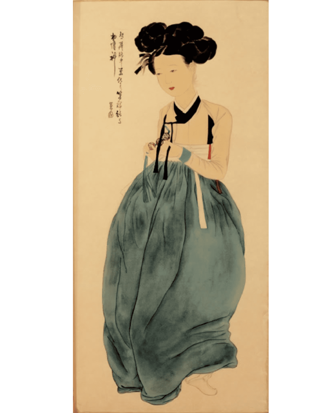 Portrait of Beauty by Shin Yonn-bok, Joseon Era painting of an Asian woman in traditional blue and white hanbok with styled hair.