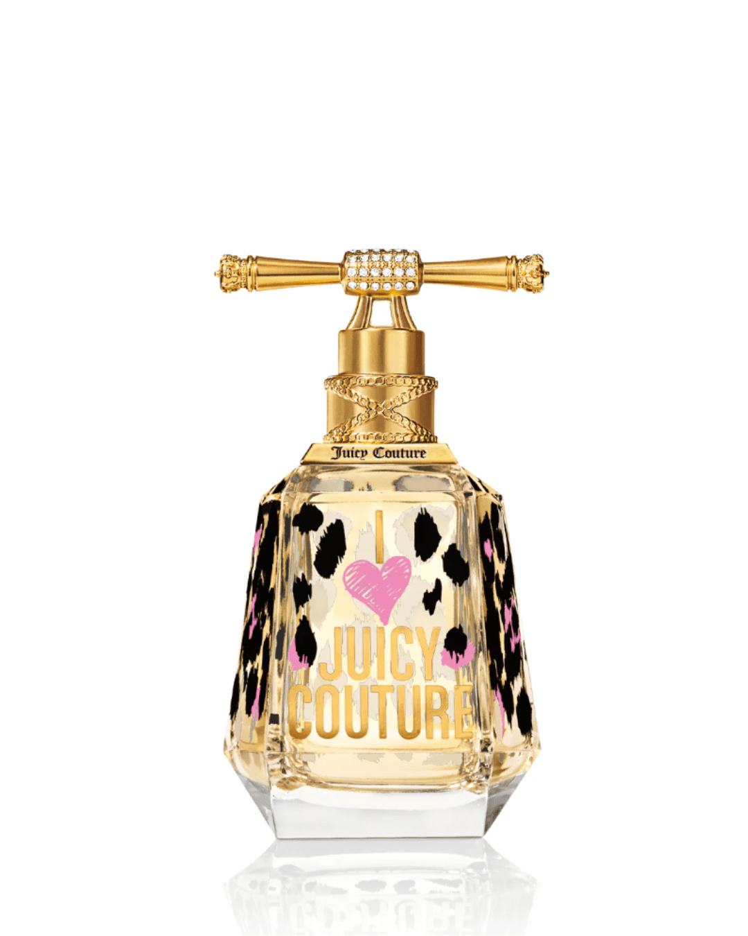 I Love Juicy Couture Eau de Parfum Spray is gold with black leopard spots and a pink heart on the bottle. Juicy Couture Fruity Perfumes.