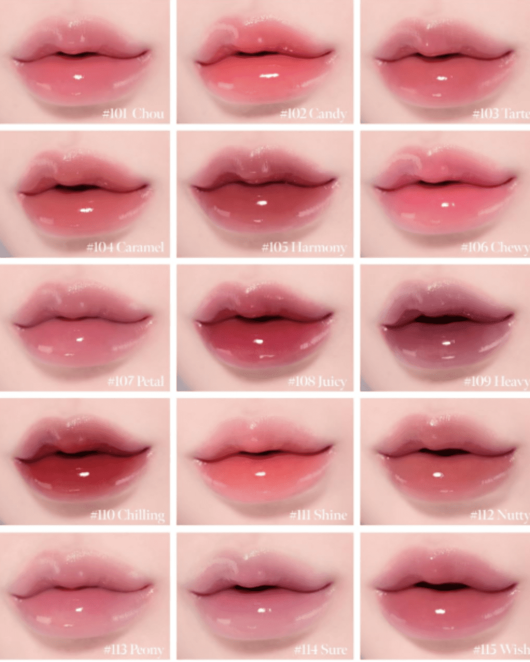 Complete Coral Haze Lip Tint collection with 27 shades includes #101 CHOU, #102 Candy, #103 Tart, #104 Caramel, #105 Harmony, #106 Chewy, #107 Petal, #108 Juicy, #109 Heavy, #110 Chilling, #111 Shine, #112 Nutty, #113 Peony, #114 Sure, and #115 Wish. A versatile lip tint lineup to enhance your self-love practice.