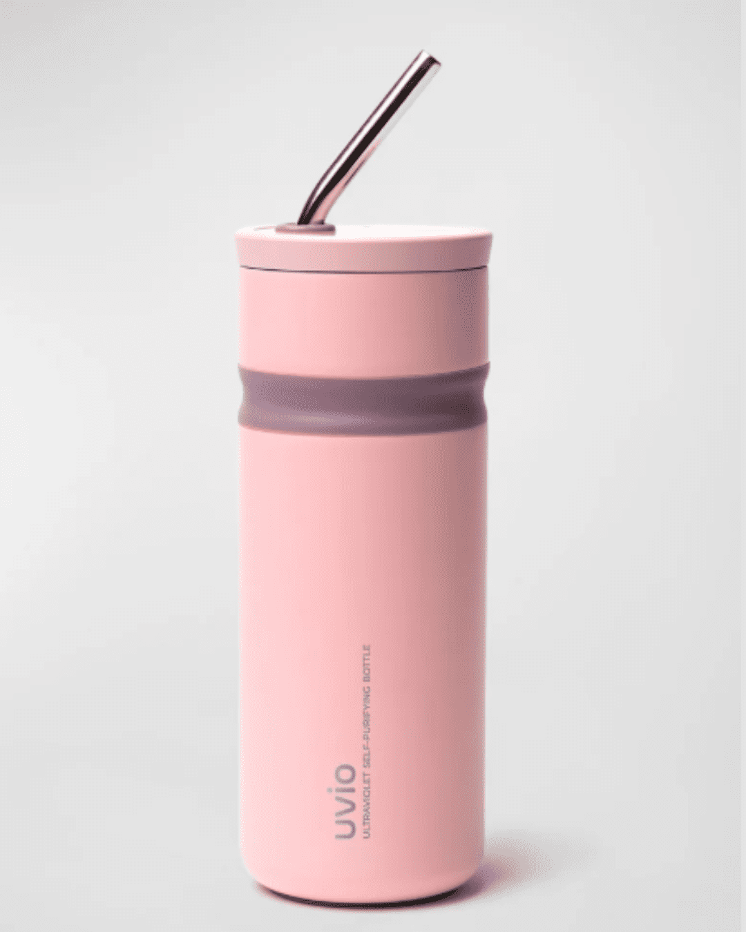 OHOM Self-Purifying Straw Water Bottle standing upright on a flat light gray surface with a matching gray background, facing forward to showcase the bottle design and lid.