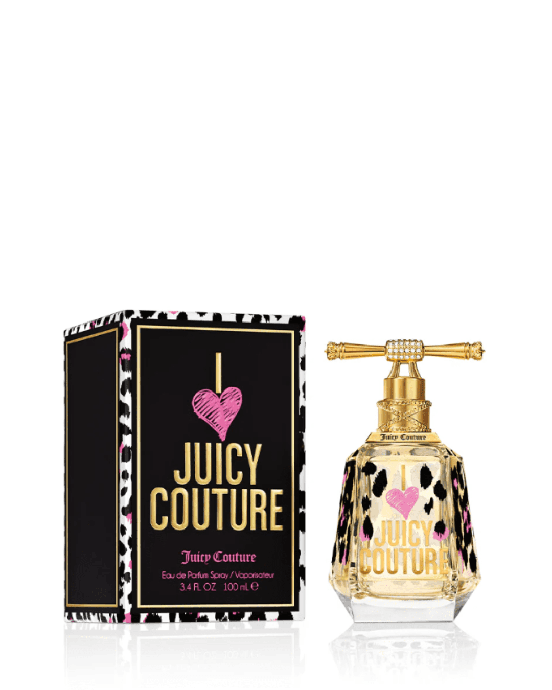 I Love Juicy Couture Eau de Parfum Spray is in a gold perfume bottle with black leopard spots and a pink heart on it next to its black box. Juicy Couture Fruity Perfumes.