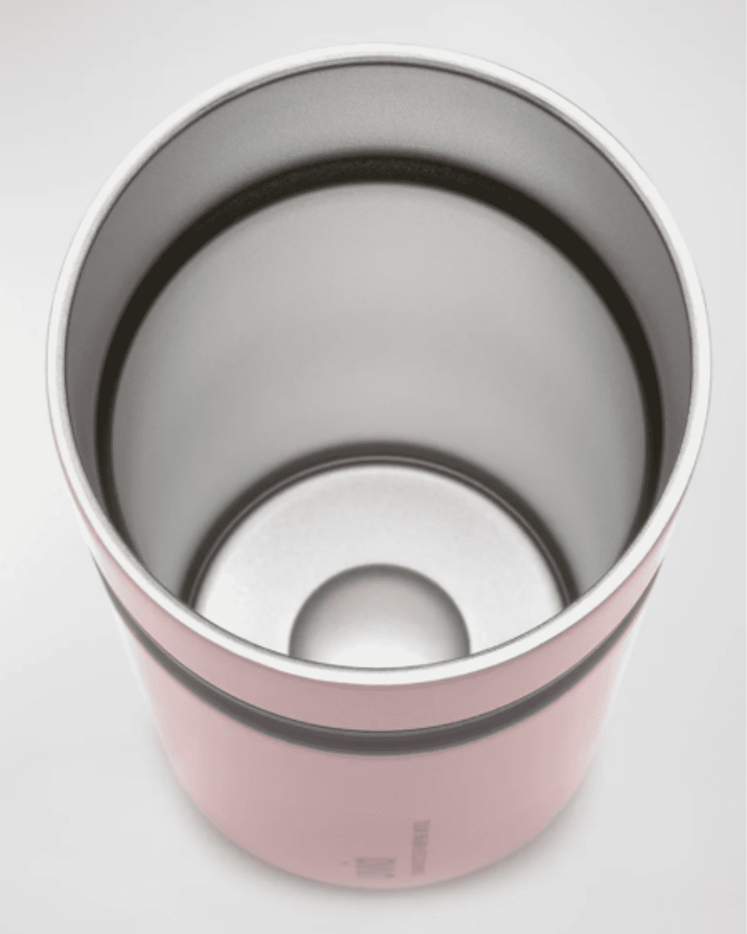 Top-down view into the OHOM Self-Purifying Straw Water Bottle, showing the stainless-steel interior and insulation system that keeps water cold, on a light gray surface and background.