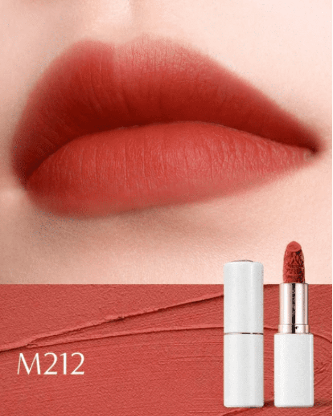 Florasis lipstick shade M212 Persimmon Red swatched on the lips