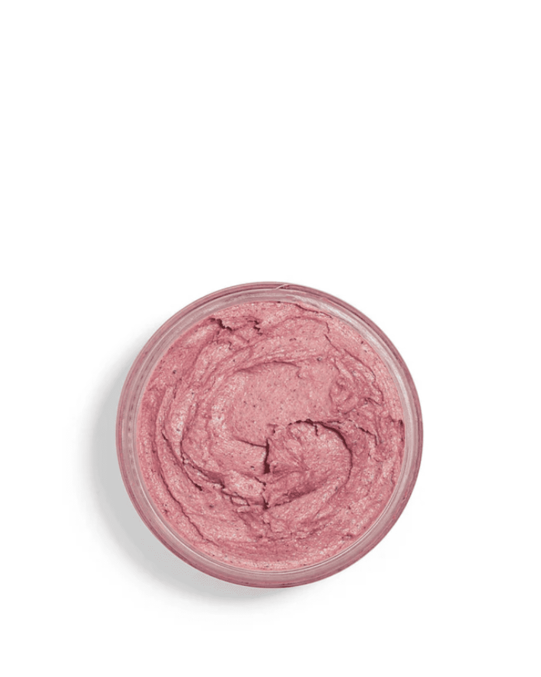 Overhead view of an open jar of FarmHouse Fresh Illumination Fruit™ Professional Strength Peel on a white surface, showing the plum-pink color that varies naturally with how the fruits grow on the farm.