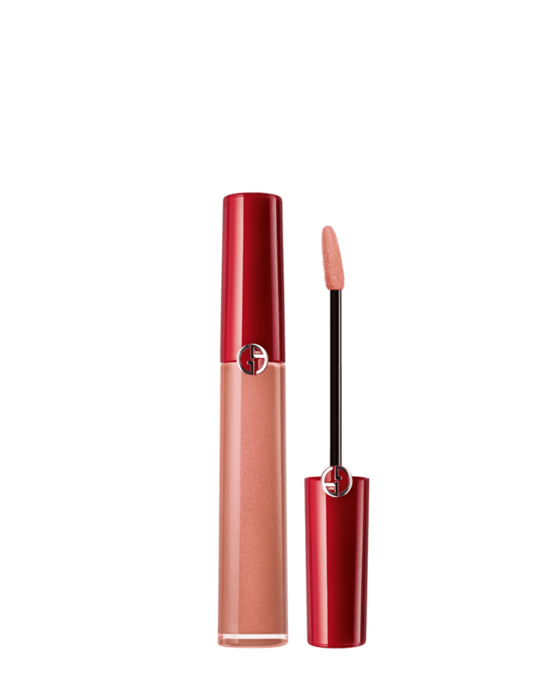 Armani Beauty Lip Maestro Velvet Liquid Lipstick in shade 109 Tan on white surface with lid, showing applicator next to tube on white background.