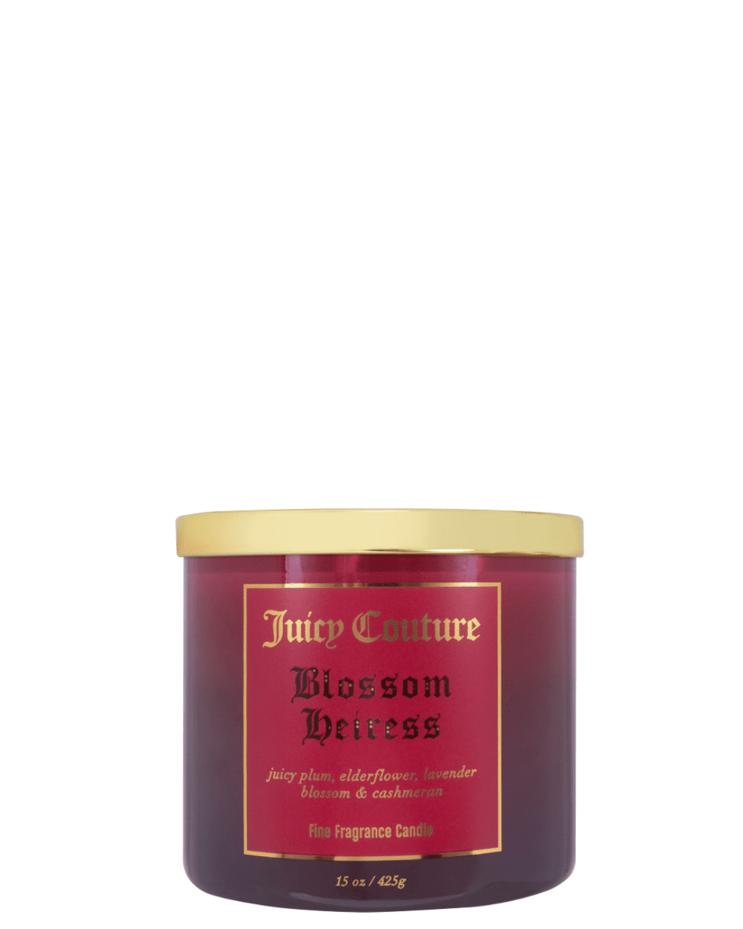 Juicy Couture Blossom Heiress candle displayed on a white background, featuring a deep red jar with a gold lid and gold Juicy Couture logo, with "Blossom Heiress" written in dark lettering and scent notes of juicy plum, elderflower, lavender blossom, and cashmere.