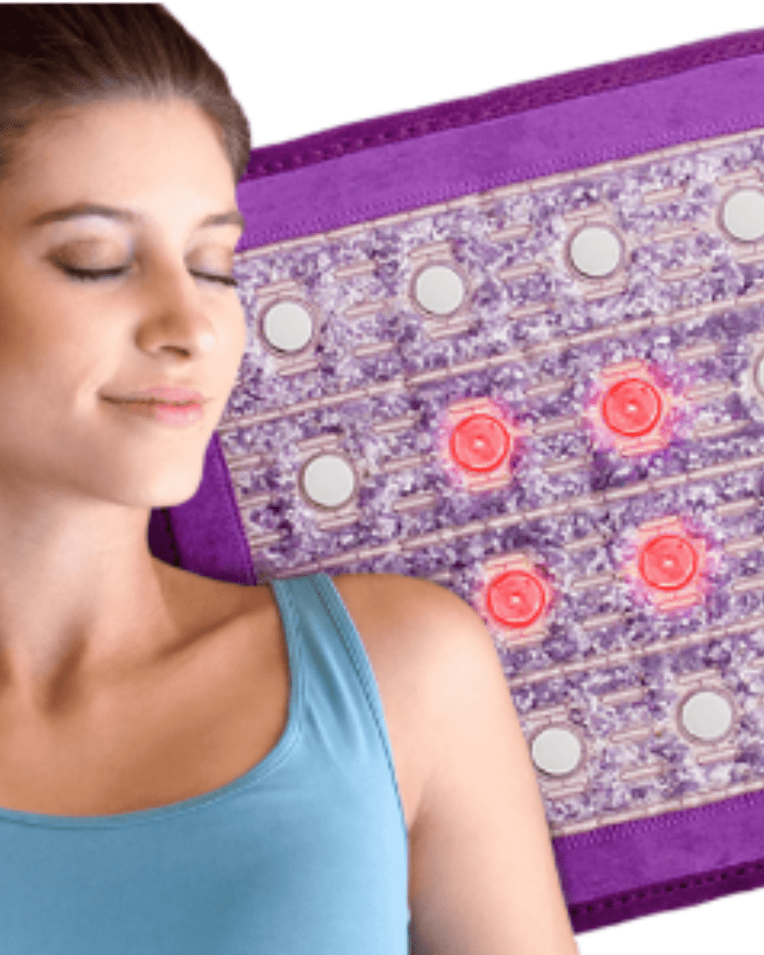 Woman lying beside Sparkle Mat, highlighting the PEMF and red-light therapy features.