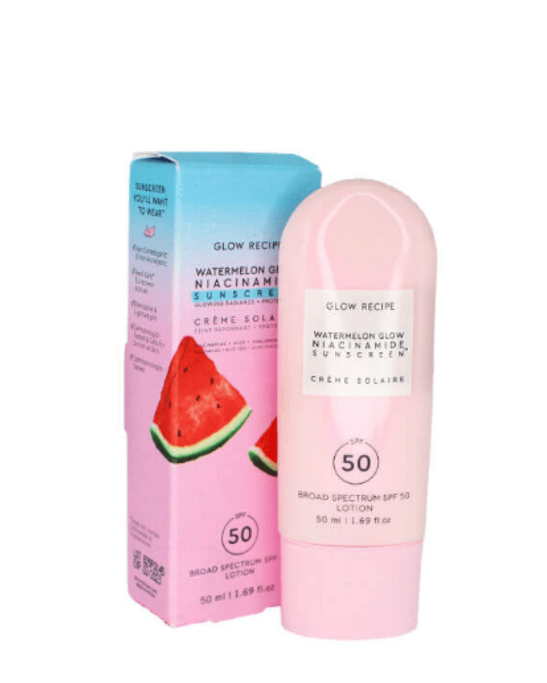 Glow Recipe Watermelon Glow Niacinamide Sunscreen SPF 50 bottle next to its pink-to-blue ombre packaging with watermelon slices, a visual of acne friendly sun protection on a white background.