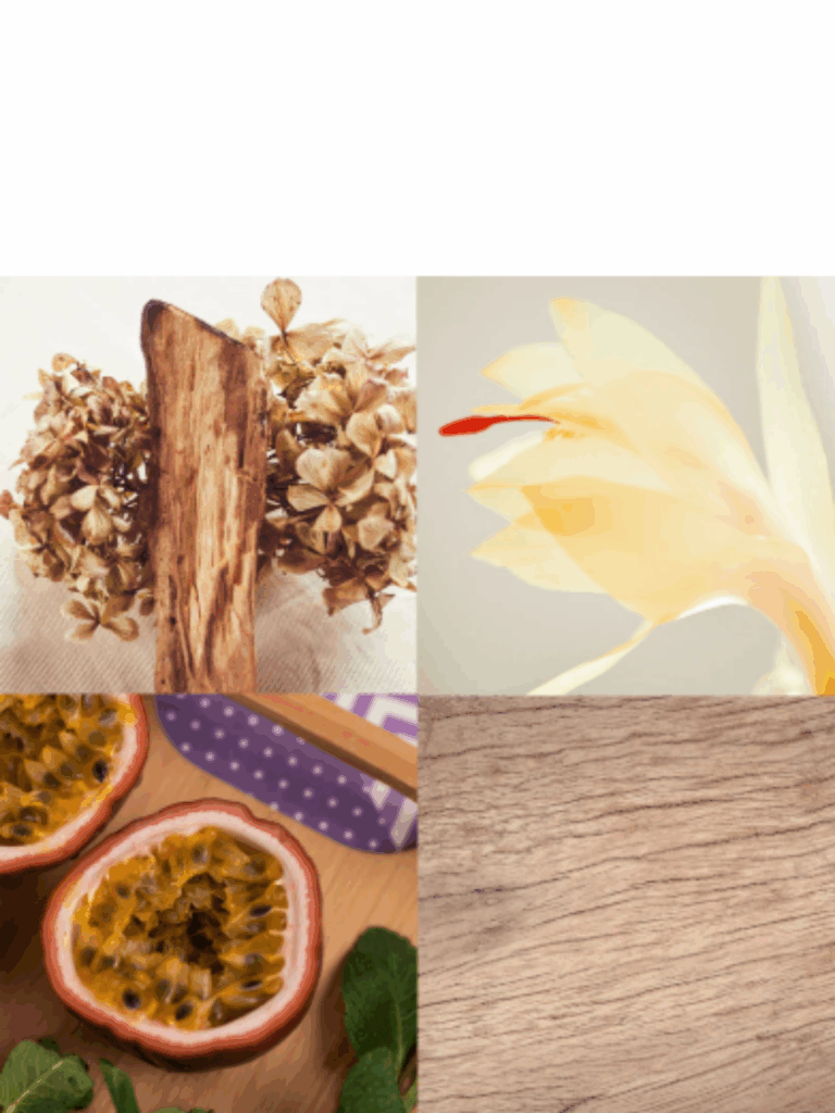 Four-image collage showing ingredients that inspire the Sunset Palm candle: a bundle of Palo Santo wood, a tropical pink-petaled flower, textured sandalwood pieces, and a halved passionfruit on a wooden cutting board beside a purple striped cloth.
