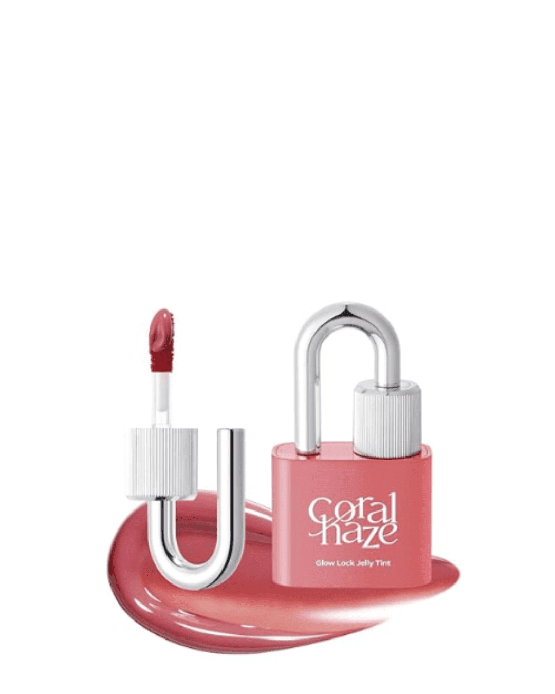 Coral Haze Glow Lock Jelly Tint in shade 103 Tart with its pink lock-shaped packaging and doe-foot applicator displayed beside a smooth swatch of the vibrant lip tint.