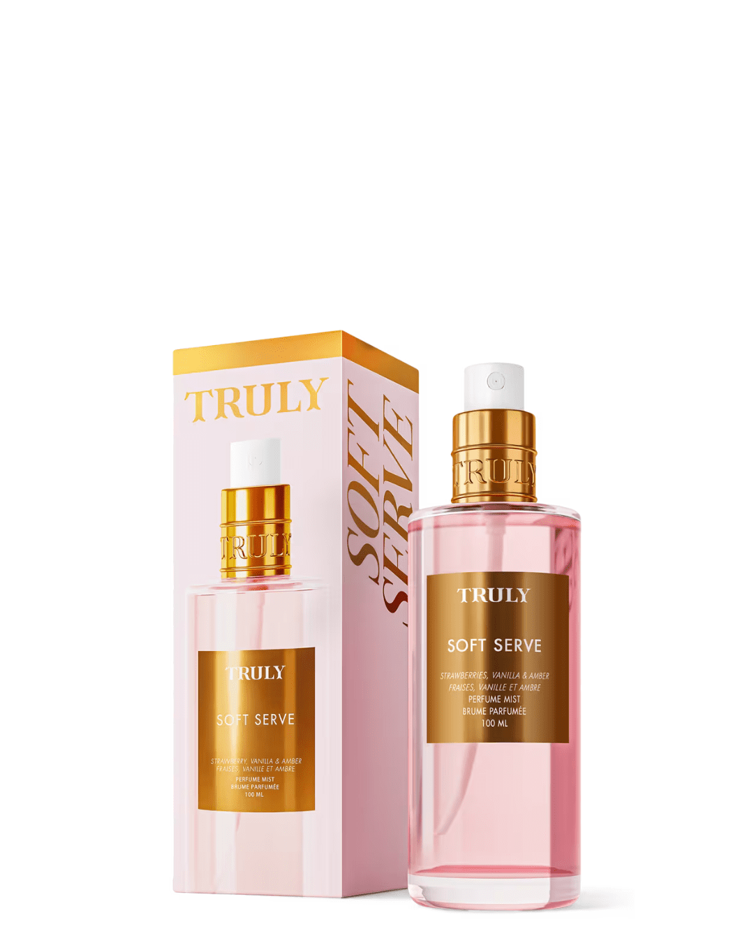 Soft Serve Perfume Mist by Truly next to its packaging box, emphasizing this fun and luxurious ice cream perfume.