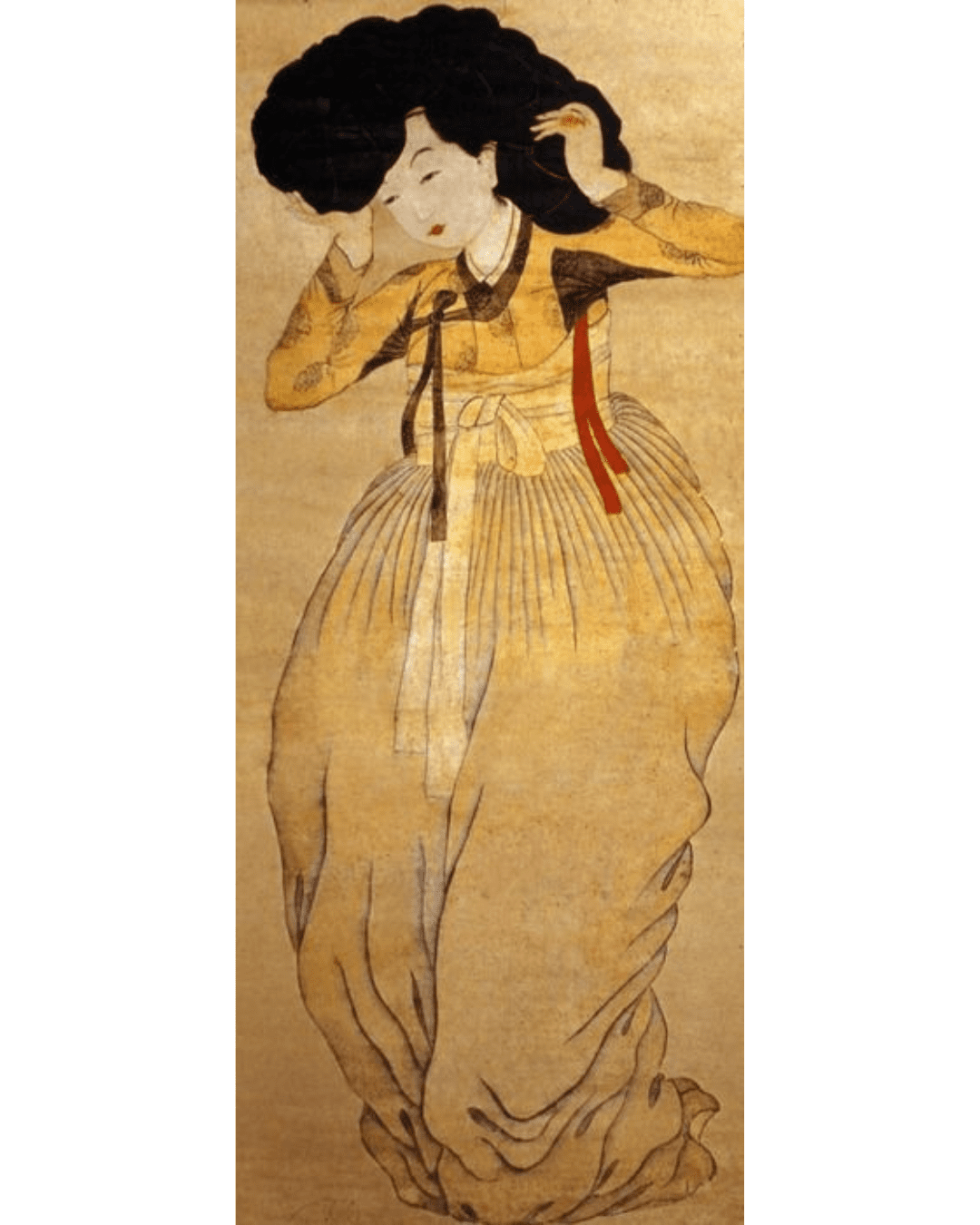 Shin Yoon-bok's 18th century painting Beautiful Woman, depicting an Asian woman in traditional hankbok with elaborate hairstyle.