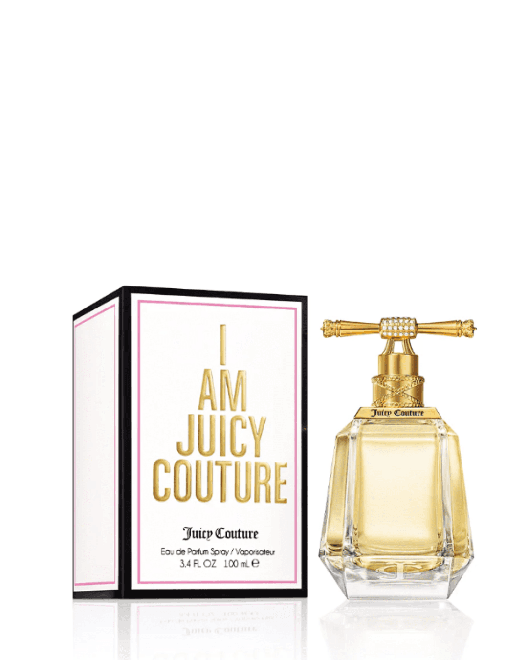 I Am Juicy Couture Eau de Parfum Spray on a white background next to its box. Juicy Couture Fruity Perfumes.