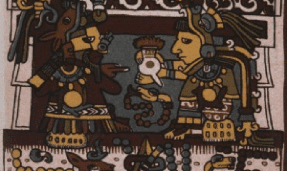 The Mixtec marriage of Lord Eight Deer and Lady Thirteen Serpent, who exchange a cup of chocolate.(Codex Nutall)