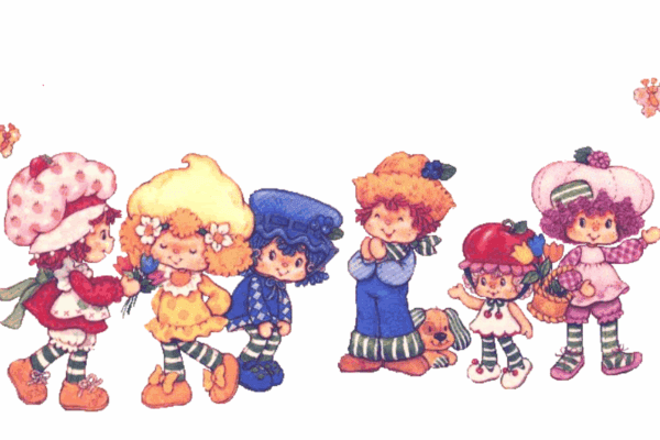 Strawberry Shortcake and her friends from the Strawberry Shortcake cartoon, featured image for the Berry Cute Strawberry Perfumes blog post about strawberry perfumes.