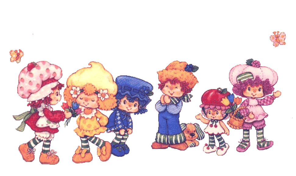 Strawberry Shortcake and her friends from the Strawberry Shortcake cartoon, featured image for the Berry Cute Strawberry Perfumes blog post about strawberry perfumes.