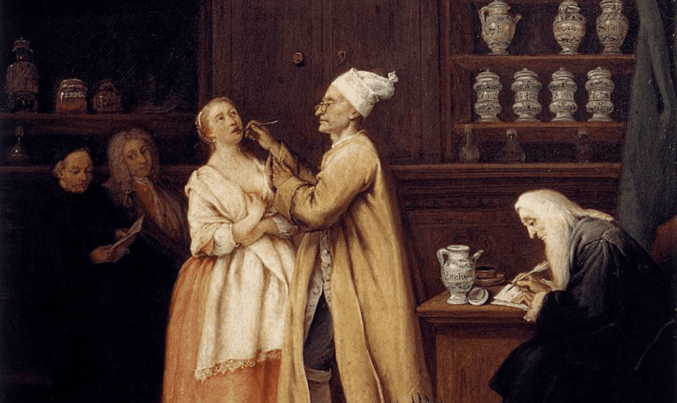 An Apothecary shop frequented by polite clientele (detail from The Apothocary circa 1752 by Pietro Longhi (1701–1785).