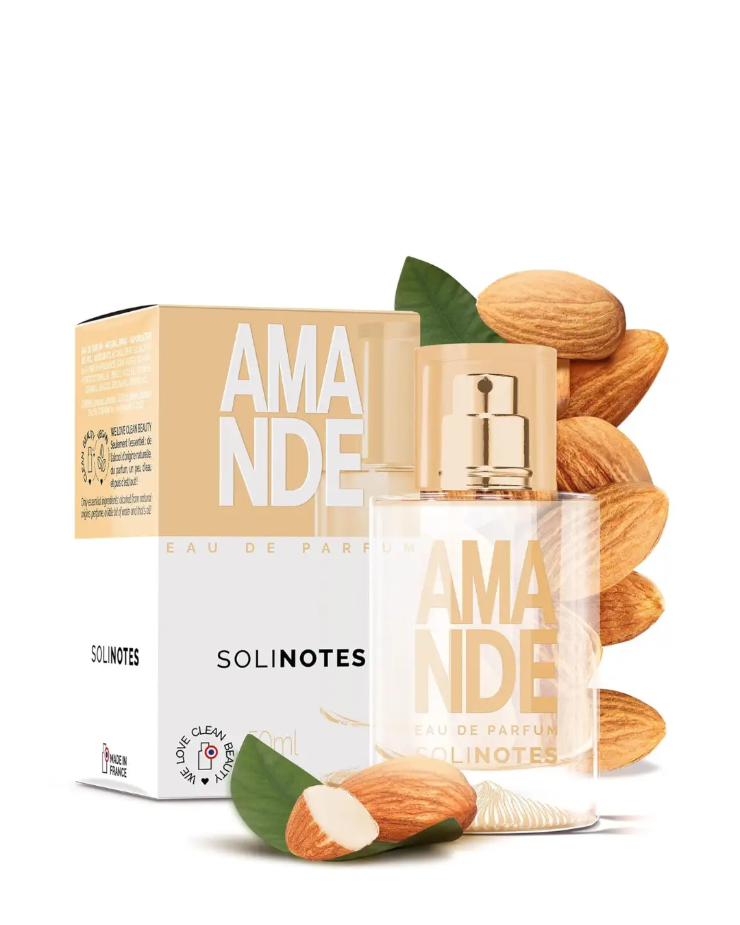 Almond Eau de Parfum by SOLINOTES perfume bottle displayed beside almonds and its packaging, showcasing a nutty gourmand take on cupcake-inspired perfumes.