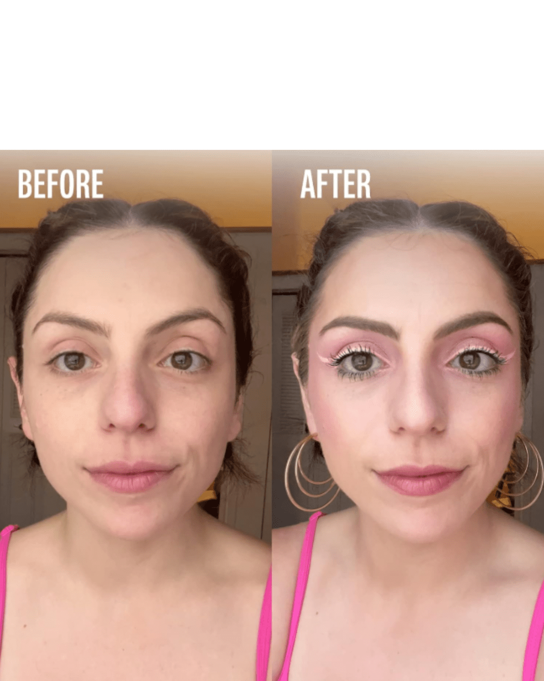 Side-by-side before and after of a woman wearing Carpe Sweat Absorbing Lasting Matte SPF Primer; left shows bare skin, right shows light-tinted primer white eyeliner, pink eyeshadow and pink lipstick.
