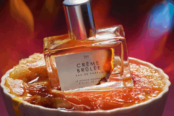 Le Monde Gourmand Crème Brûlée Eau de Parfum bottle styled inside a white ceramic dish with Crème Brûlée and torch flames in the background, evoking gourmand sweetness.