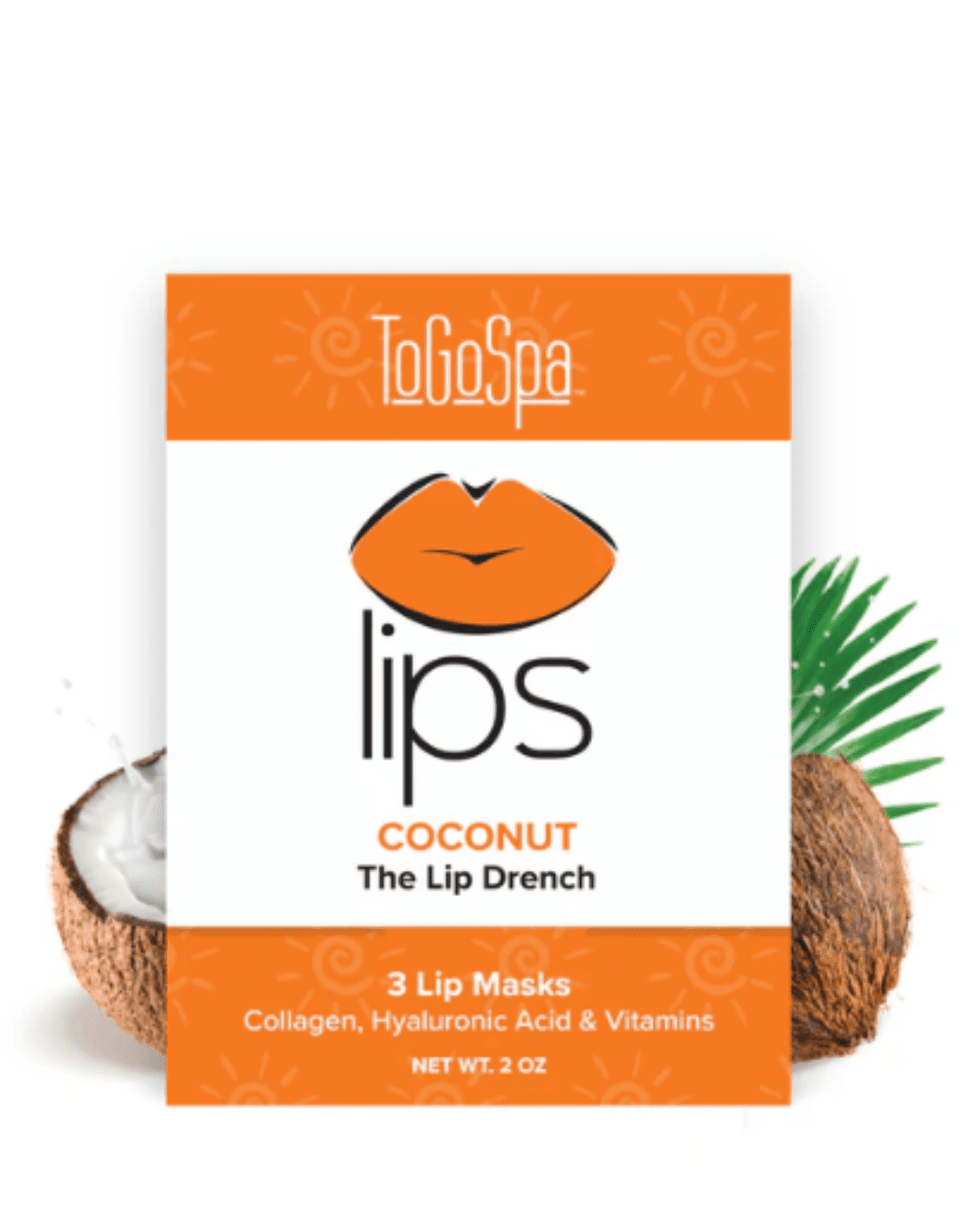 To Go Spa Coconut LIPS The Lip Drench packaging on a white flat surface, with half a coconut, and a spikey green plant behind it.