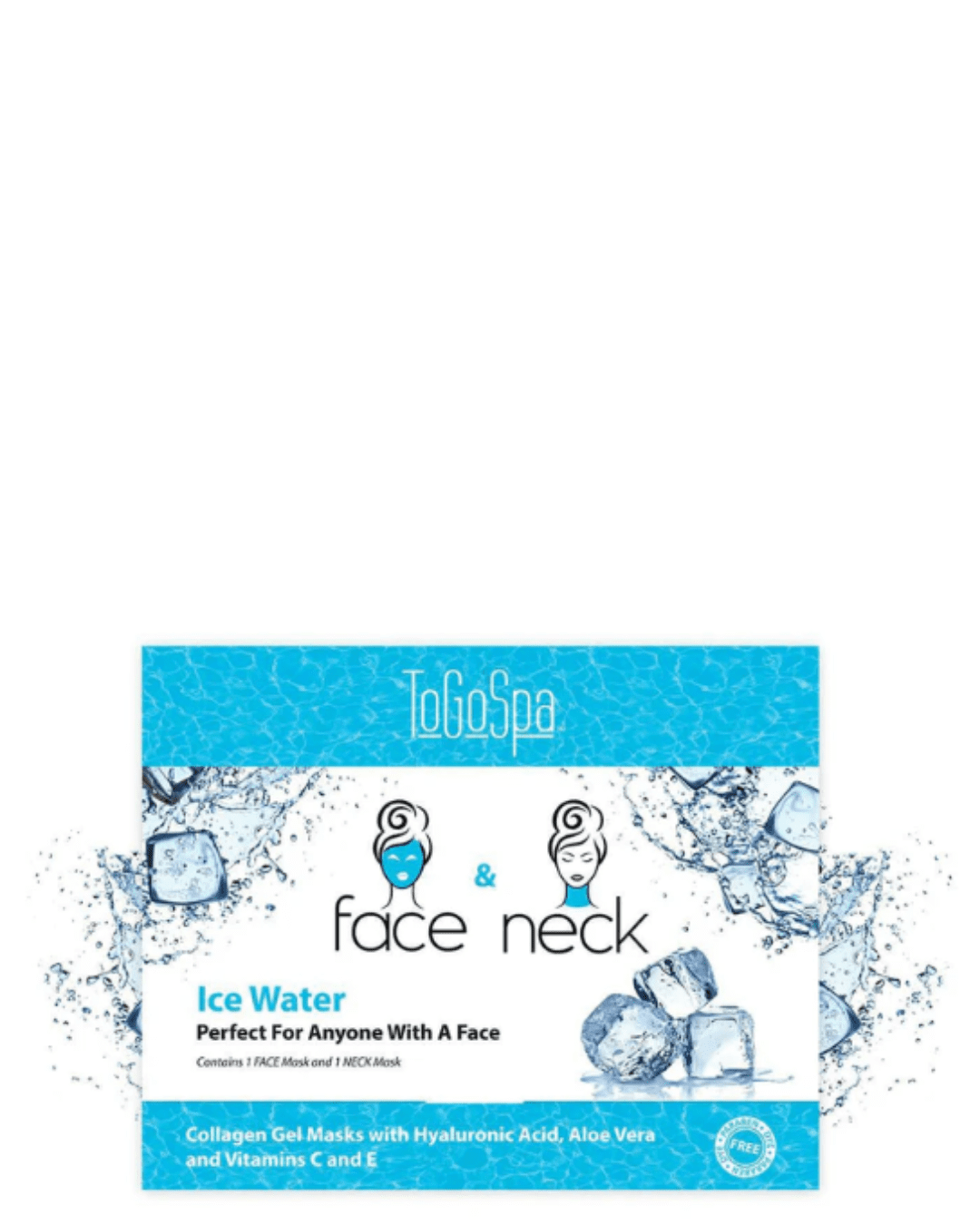 To Go Spa Face & Neck Ice Water FACE & NECK AKA The Hydrator packaging, front view on a white flat surface with ice and water splashes in the background, highlighting collagen gel, hyaluronic acid, aloe vera, and vitamins C and E.